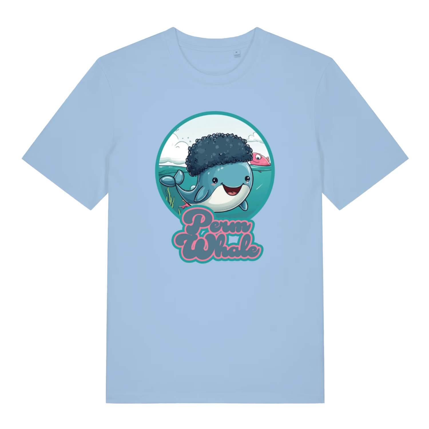 light blue women's kawaii t-shirt with the graphic of a whale with an afro and the slogan 'perm whale'