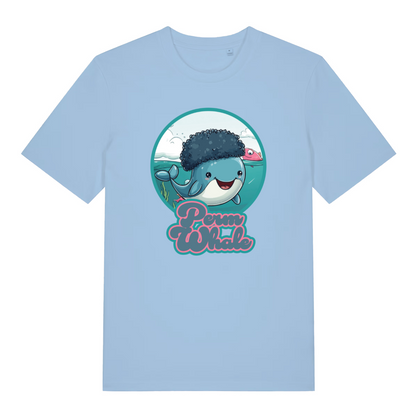 light blue women's kawaii t-shirt with the graphic of a whale with an afro and the slogan 'perm whale'