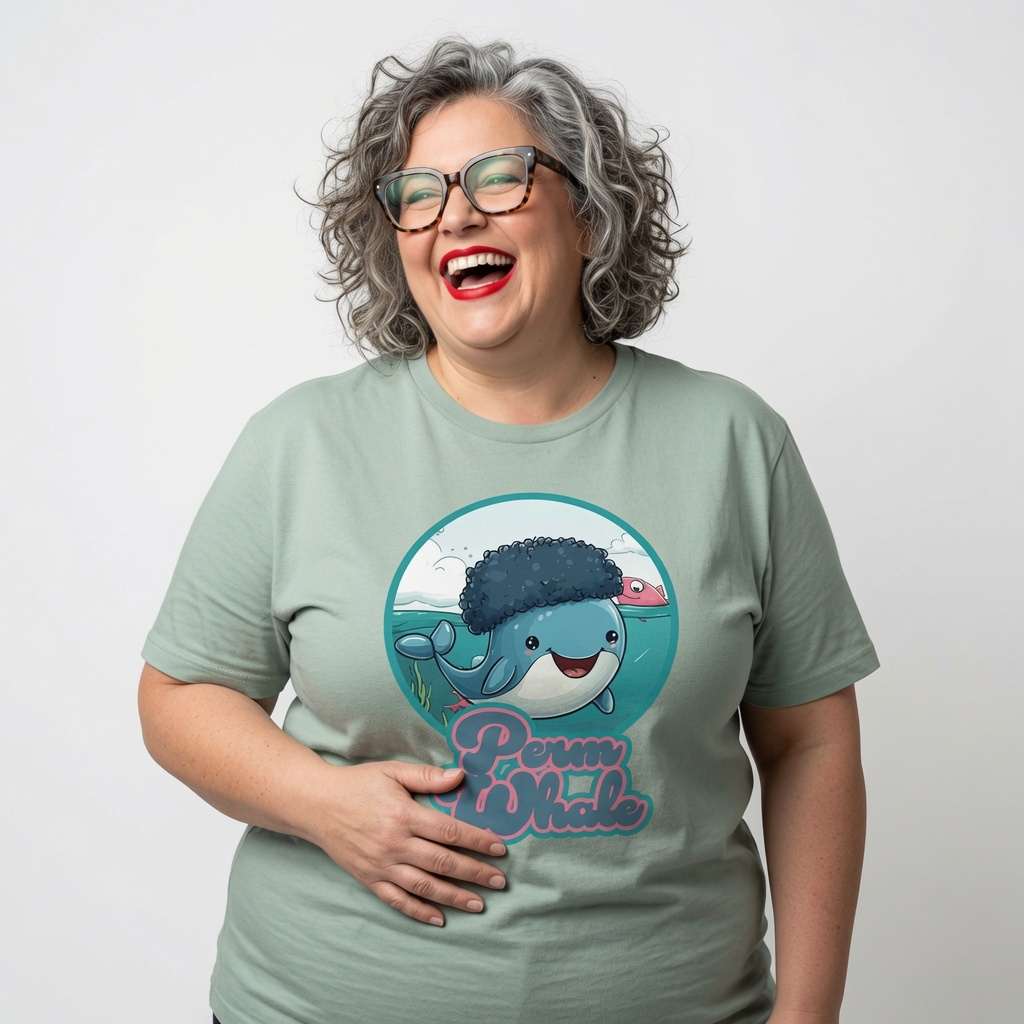 Woman with grey curly hair and glasses laughing while wearing a light green Perm Whale t-shirt, funny and cheeky ladies sperm whale graphic full of personality