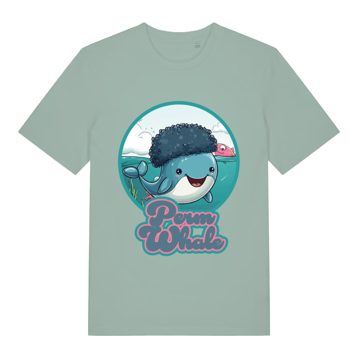 Light green Perm Whale funny graphic t-shirt featuring kawaii sperm whale pun  