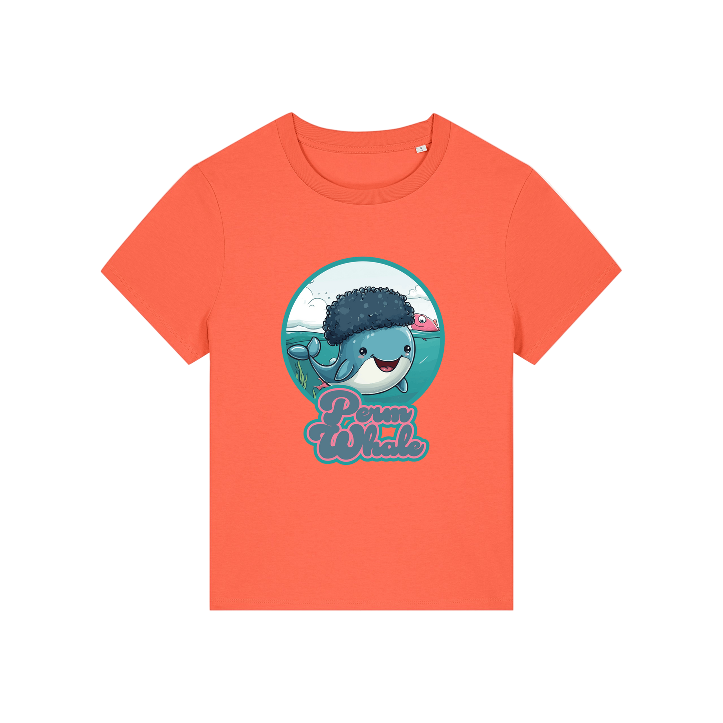 orange kawaii t-shirt with the graphic of a whale with an afro and the slogan 'perm whale'