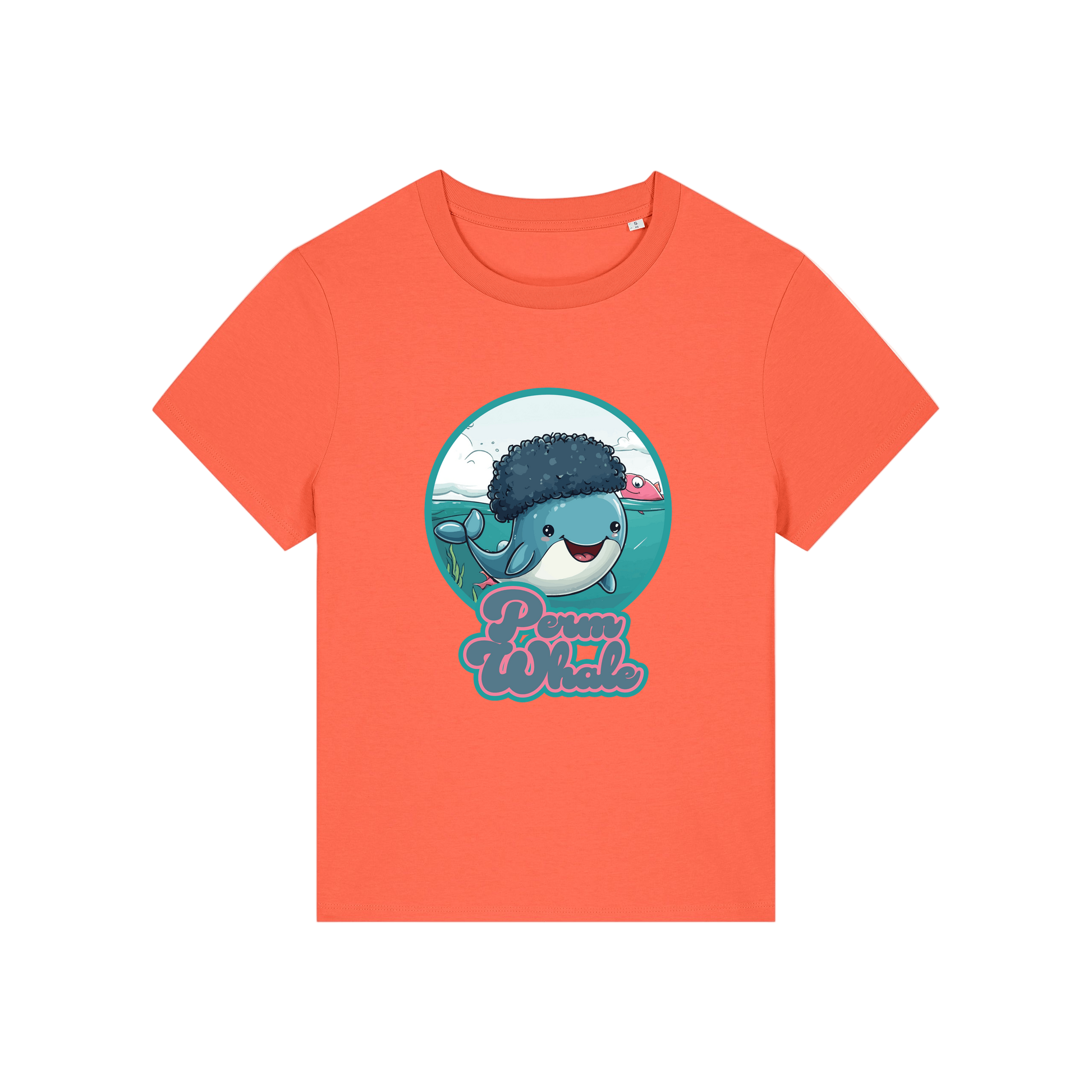 orange kawaii t-shirt with the graphic of a whale with an afro and the slogan 'perm whale'
