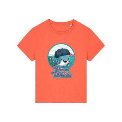 orange kawaii t-shirt with the graphic of a whale with an afro and the slogan 'perm whale'
