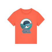 orange kawaii t-shirt with the graphic of a whale with an afro and the slogan 'perm whale'