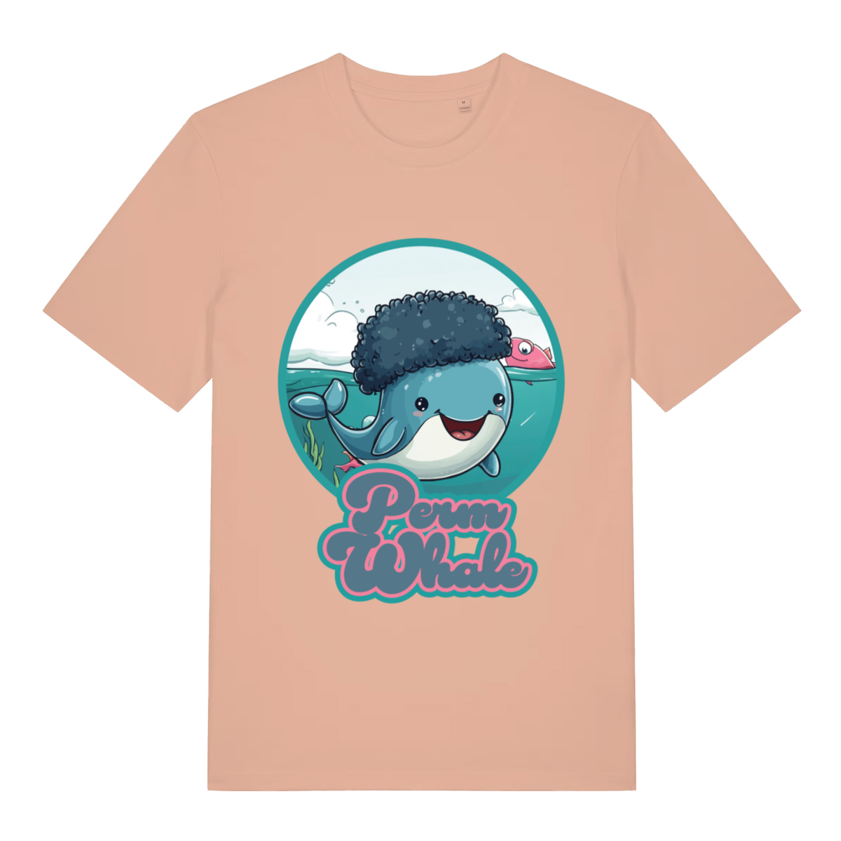 Peach Perm Whale funny graphic t-shirt with smiling afro whale graphic  