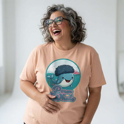 Woman laughing with one hand on her stomach in a peach Perm Whale t-shirt, funny ladies sperm whale perm pun that always gets a reaction
