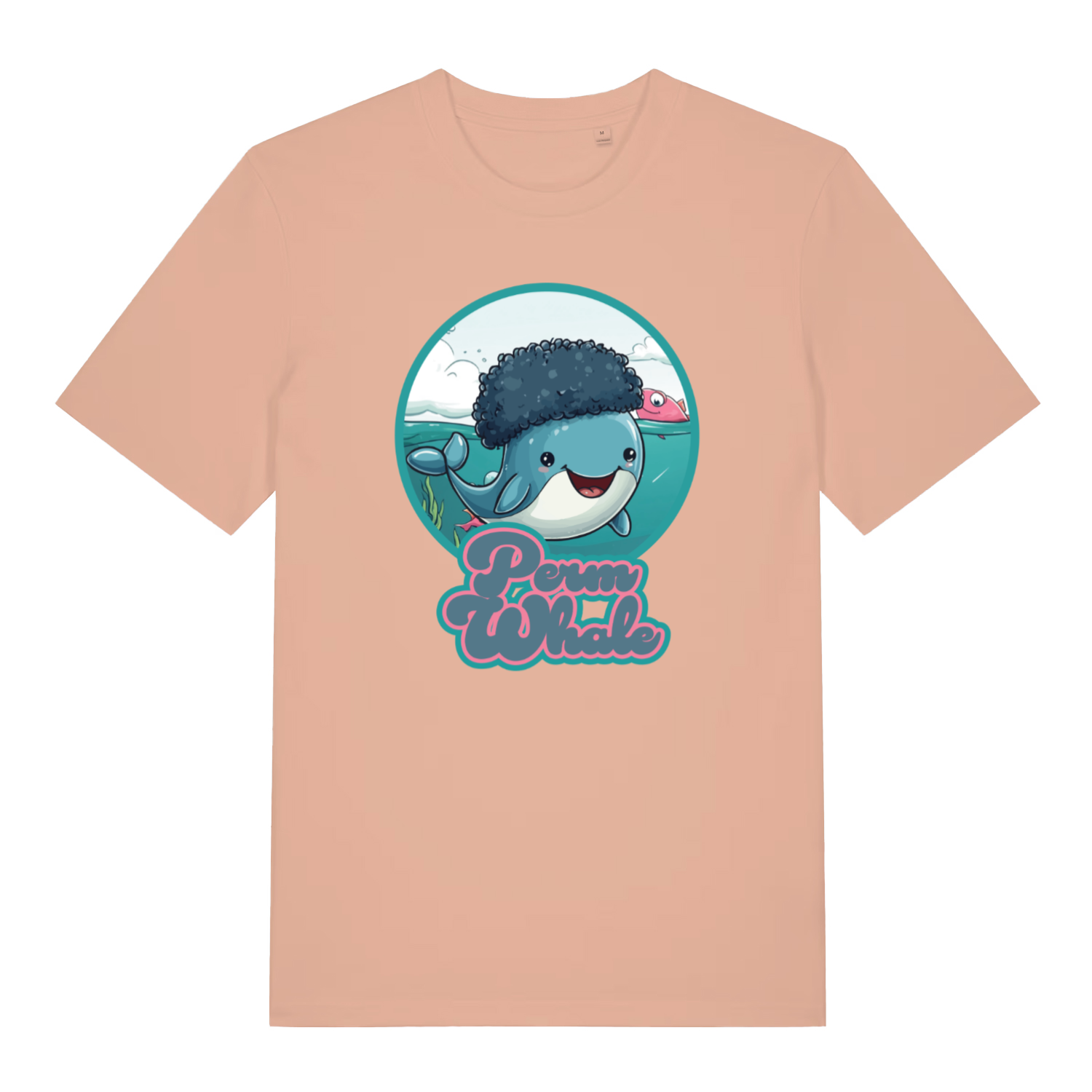 peach women's kawaii t-shirt with the graphic of a whale with an afro and the slogan 'perm whale'
