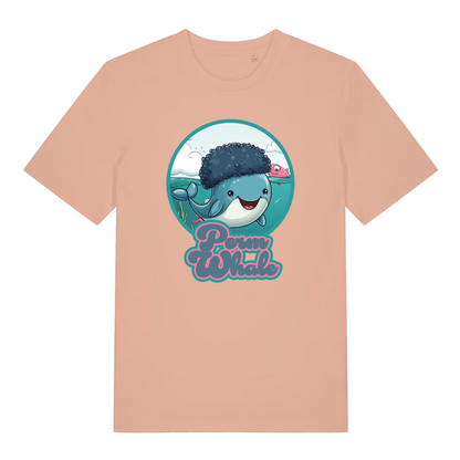 peach women's kawaii t-shirt with the graphic of a whale with an afro and the slogan 'perm whale'