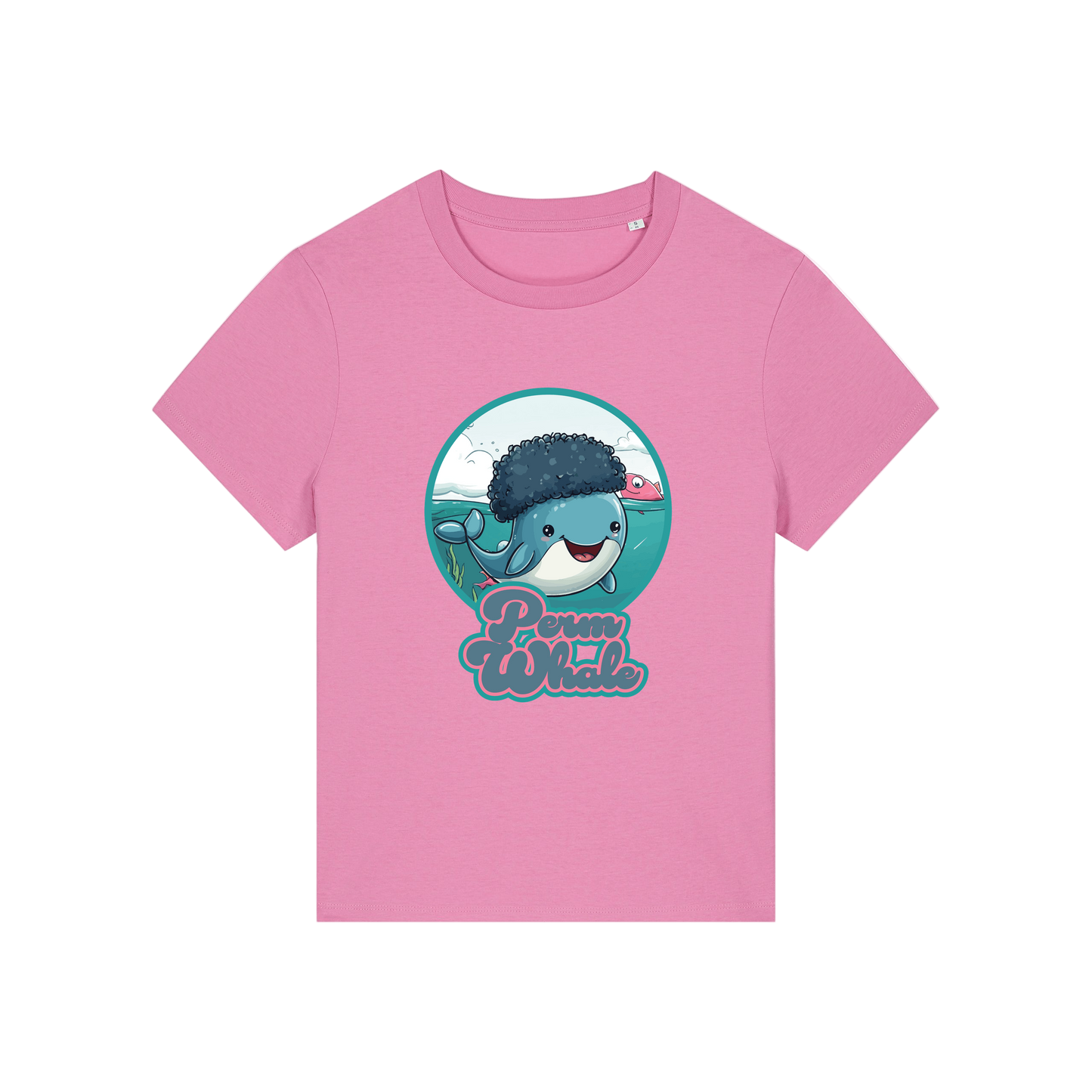 pink kawaii t-shirt with the graphic of a whale with an afro and the slogan 'perm whale'
