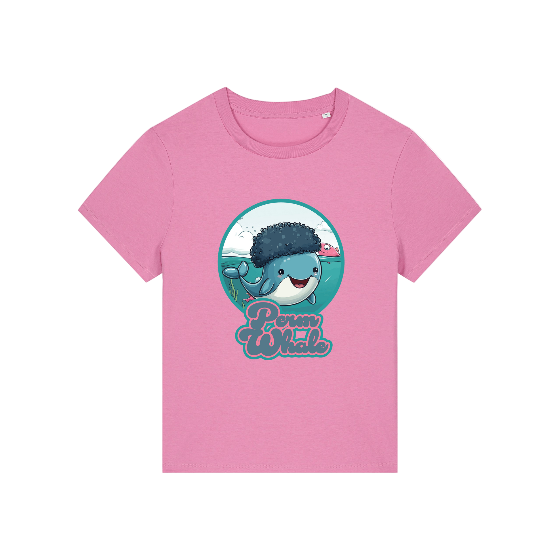pink kawaii t-shirt with the graphic of a whale with an afro and the slogan 'perm whale'