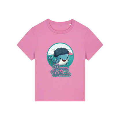 pink kawaii t-shirt with the graphic of a whale with an afro and the slogan 'perm whale'