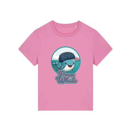 pink kawaii t-shirt with the graphic of a whale with an afro and the slogan 'perm whale'