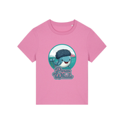 pink kawaii t-shirt with the graphic of a whale with an afro and the slogan 'perm whale'