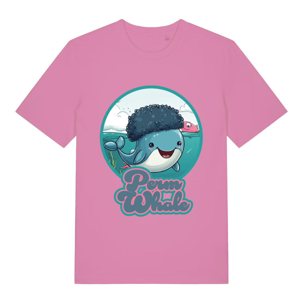 Pink Perm Whale funny graphic t-shirt showing cheeky animal pun design  
