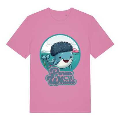 Pink Perm Whale funny graphic t-shirt showing cheeky animal pun design  
