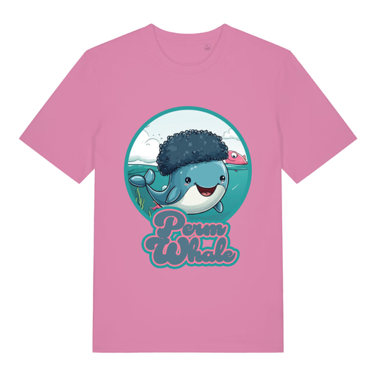 Pink Perm Whale funny graphic t-shirt showing cheeky animal pun design  