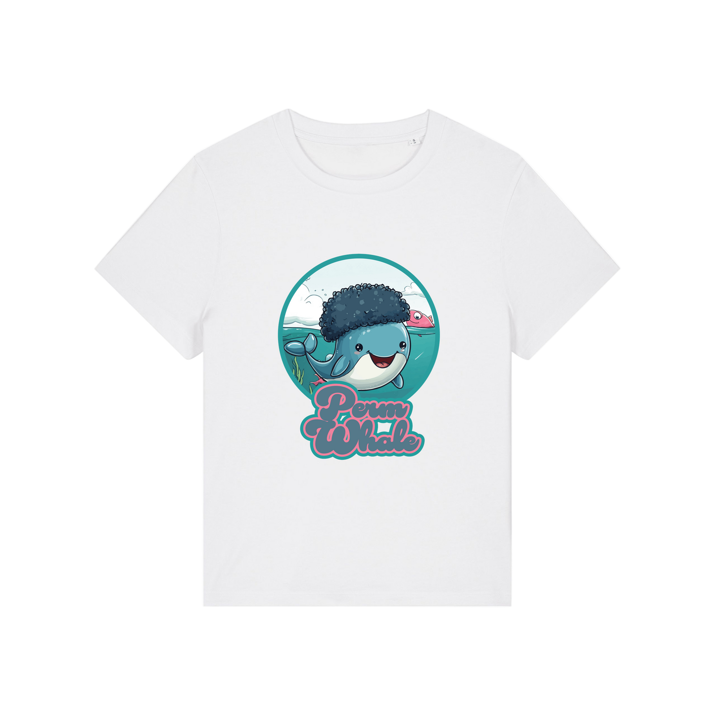 white kawaii t-shirt with the graphic of a whale with an afro and the slogan 'perm whale'