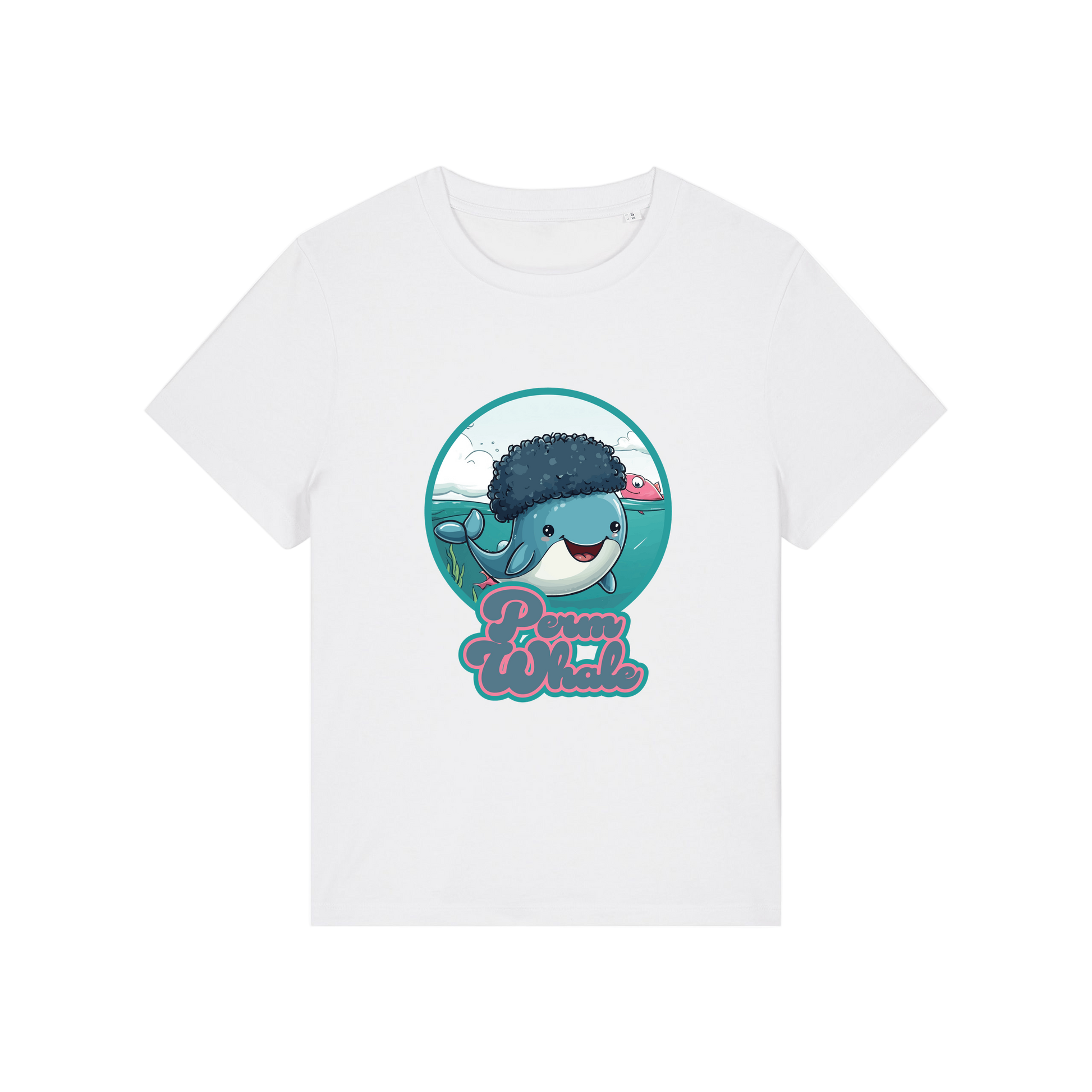white kawaii t-shirt with the graphic of a whale with an afro and the slogan 'perm whale'