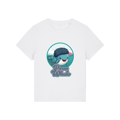 white kawaii t-shirt with the graphic of a whale with an afro and the slogan 'perm whale'