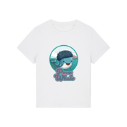 white kawaii t-shirt with the graphic of a whale with an afro and the slogan 'perm whale'