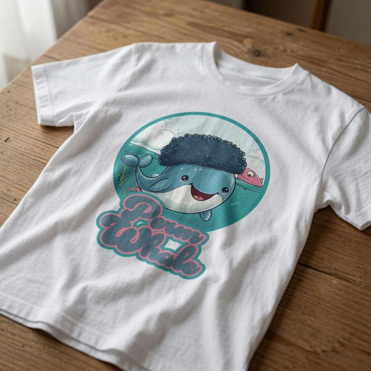 White Perm Whale t-shirt laid flat on a wooden table showing the full cute sperm whale with a big afro graphic, hilarious ladies whale pun design