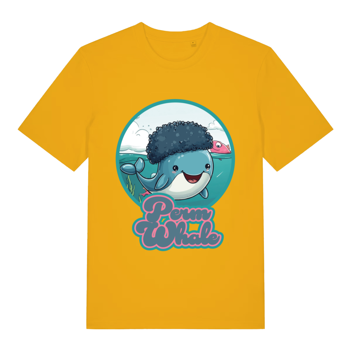 Yellow Perm Whale funny graphic t-shirt featuring ultimate kawaii whale design  