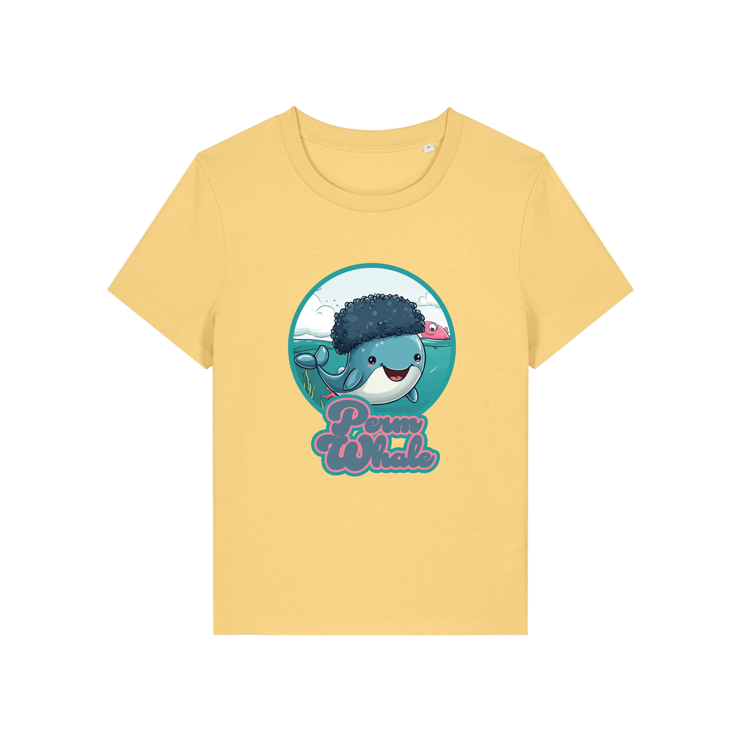 yellow kawaii t-shirt with the graphic of a whale with an afro and the slogan 'perm whale'