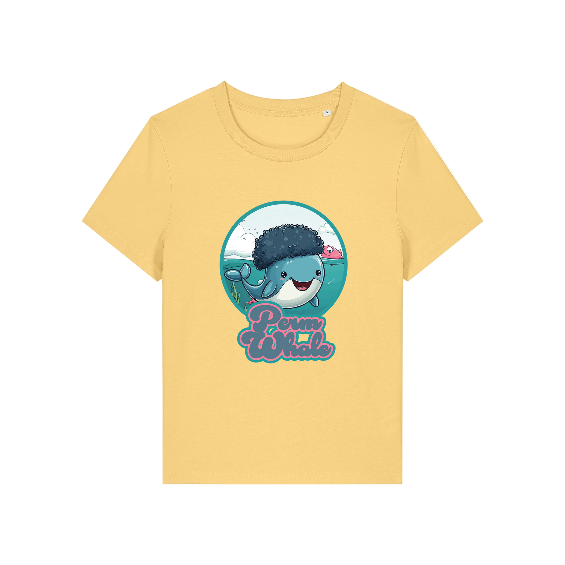 yellow kawaii t-shirt with the graphic of a whale with an afro and the slogan 'perm whale'