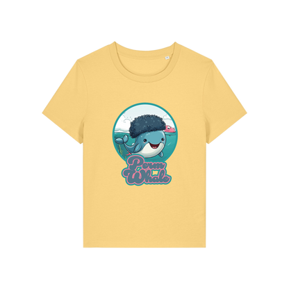 yellow kawaii t-shirt with the graphic of a whale with an afro and the slogan 'perm whale'