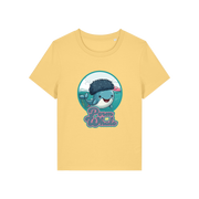 yellow kawaii t-shirt with the graphic of a whale with an afro and the slogan 'perm whale'