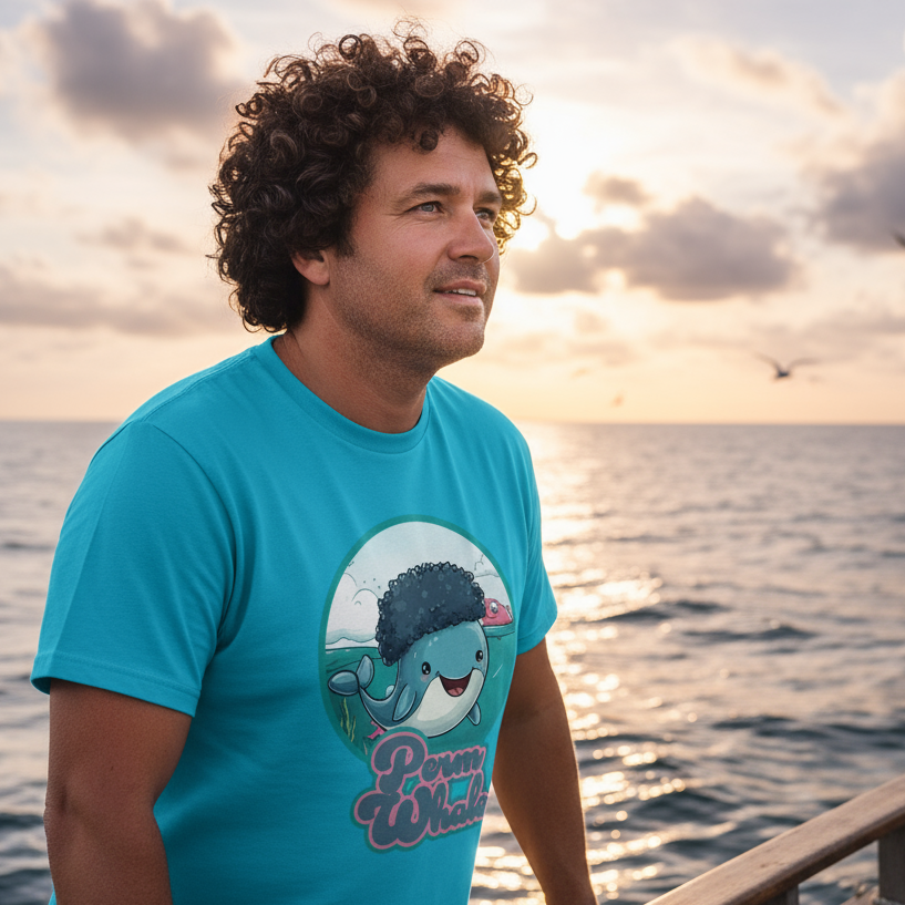 Man wearing a blue t-shirt with a graphic design of a whale by the ocean at sunset