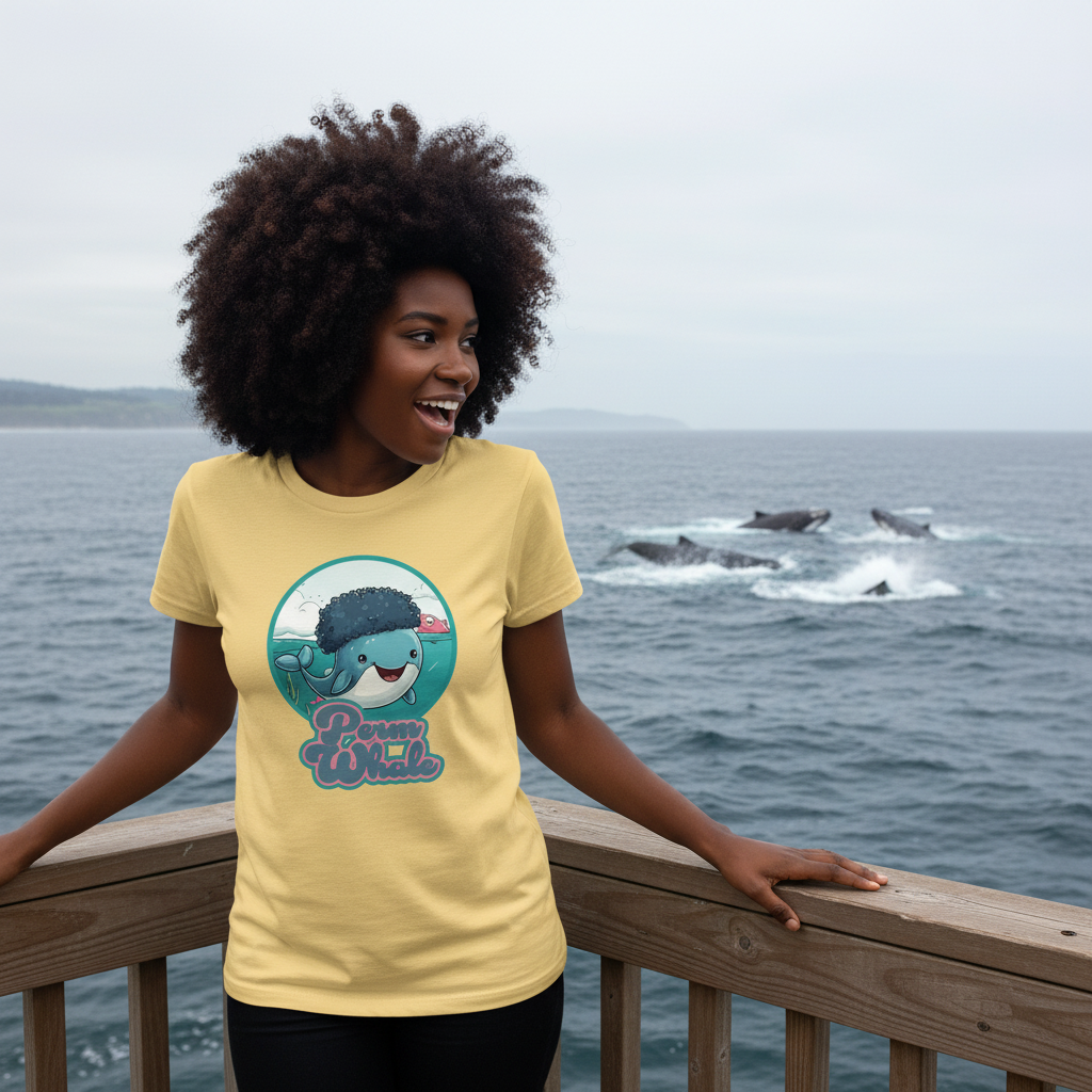 Woman wearing a yellow t-shirt with a whale graphic and text, standing by the ocean with whales in the background.