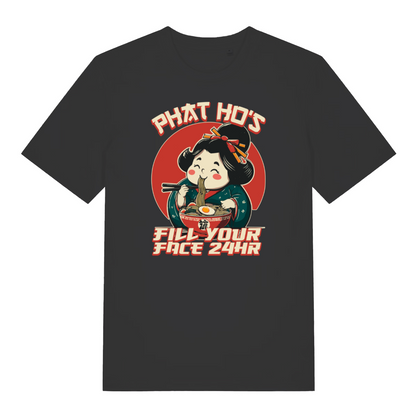 black funny offensive t-shirt with the graphic of a cartoon character eating ramen and the slogan 'phat ho's fill your face 24 hr'