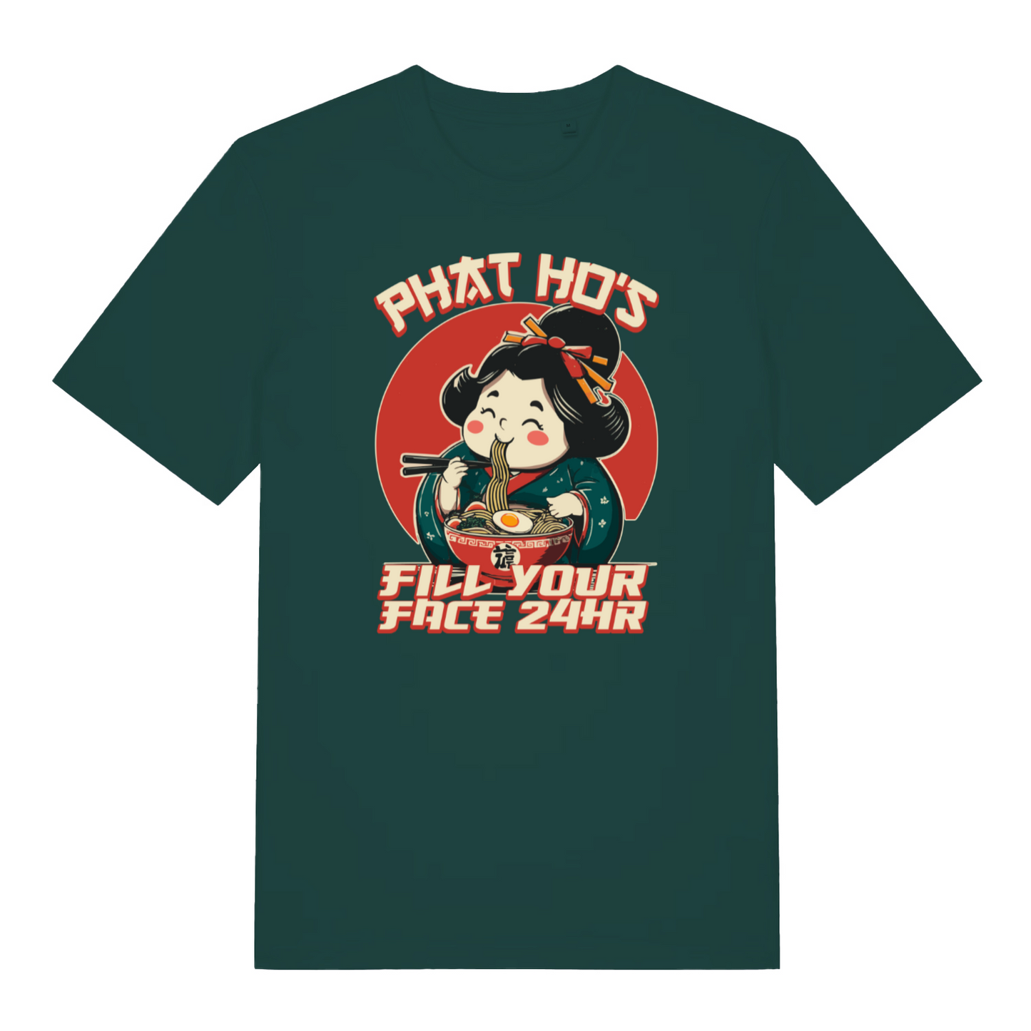 green funny offensive t-shirt with the graphic of a cartoon character eating ramen and the slogan 'phat ho's fill your face 24 hr'