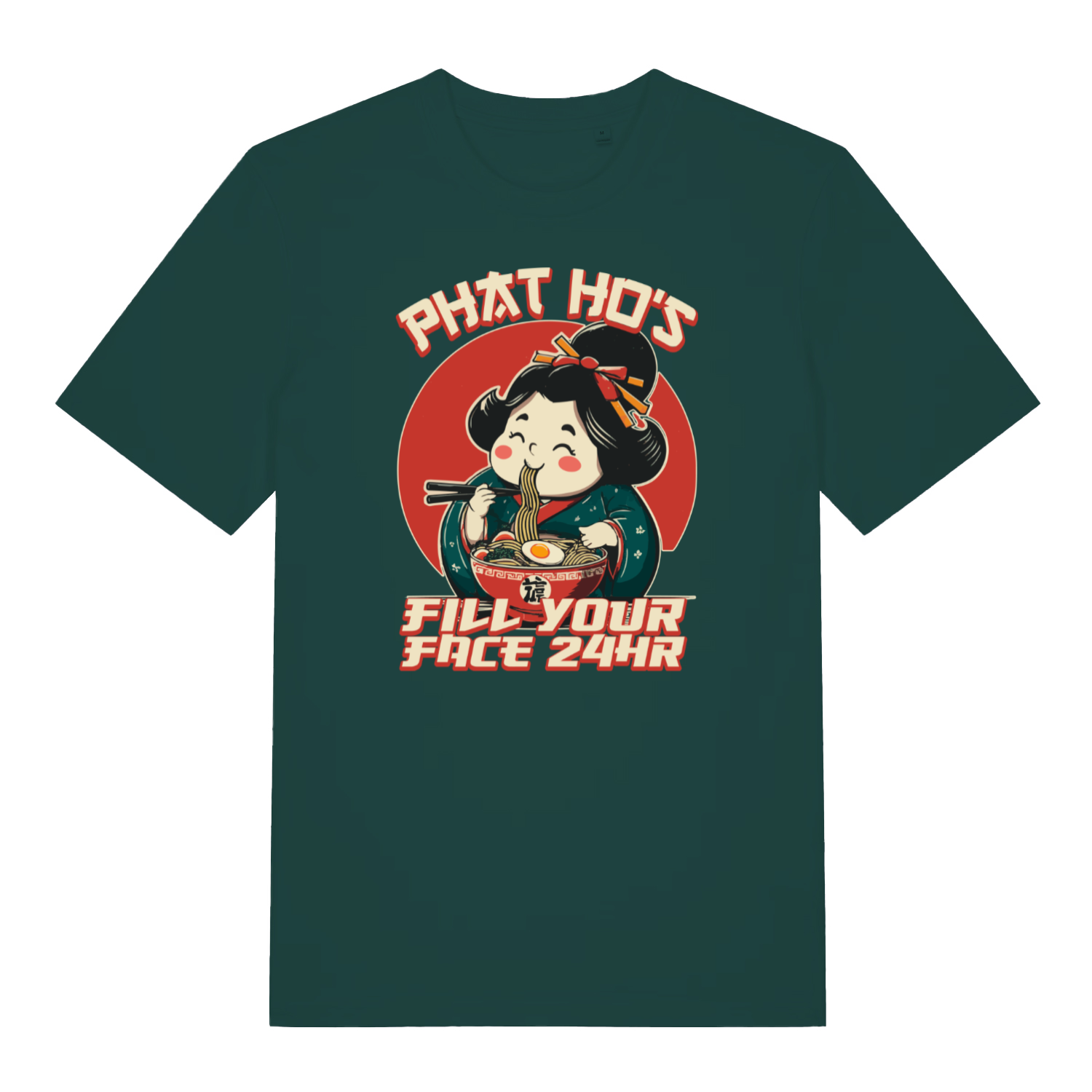 green funny offensive t-shirt with the graphic of a cartoon character eating ramen and the slogan 'phat ho's fill your face 24 hr'