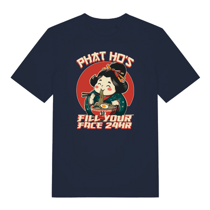 navy funny offensive t-shirt with the graphic of a cartoon character eating ramen and the slogan 'phat ho's fill your face 24 hr'