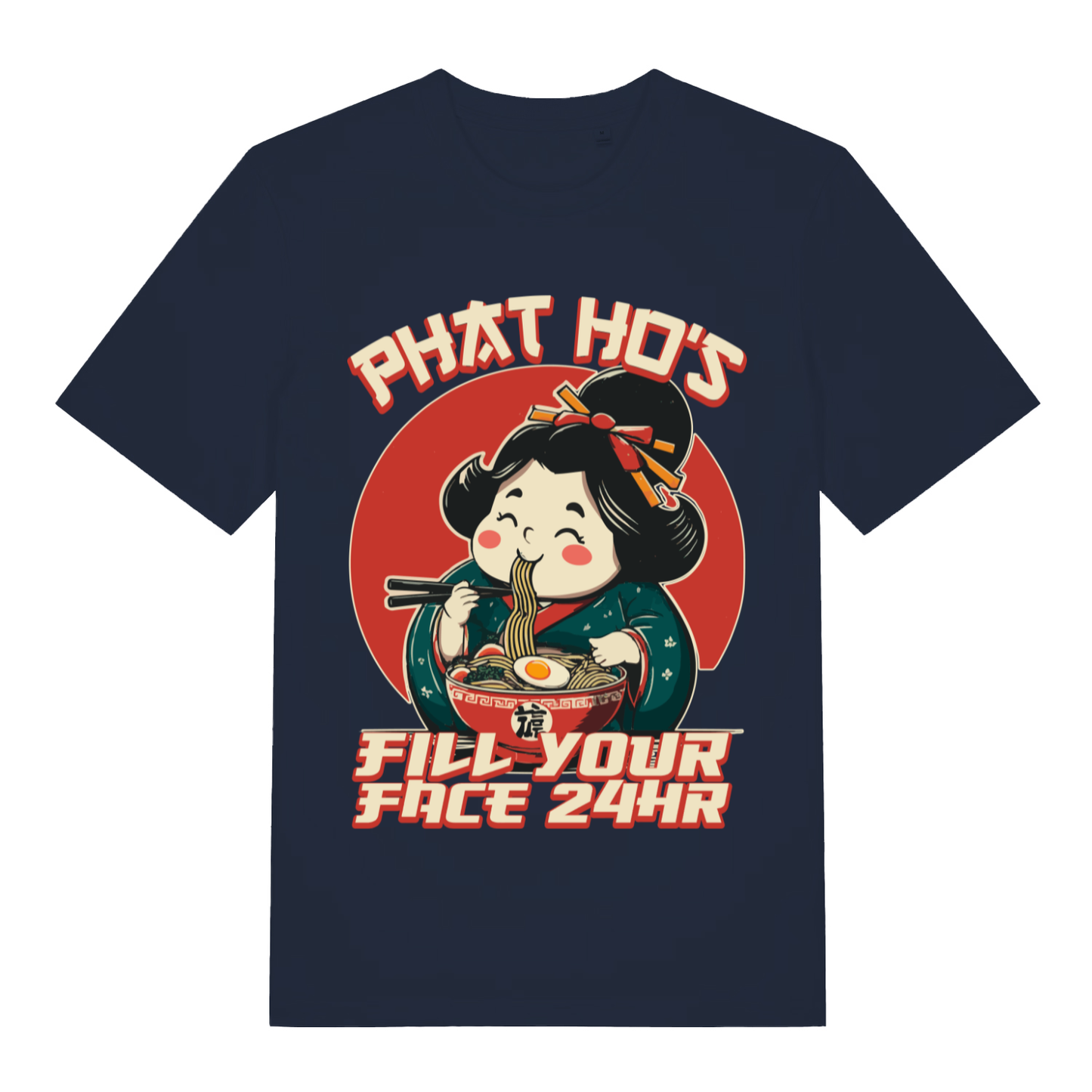 Navy Phat Ho’s Fill Your Face funny graphic t-shirt showing bold fill your face lettering  