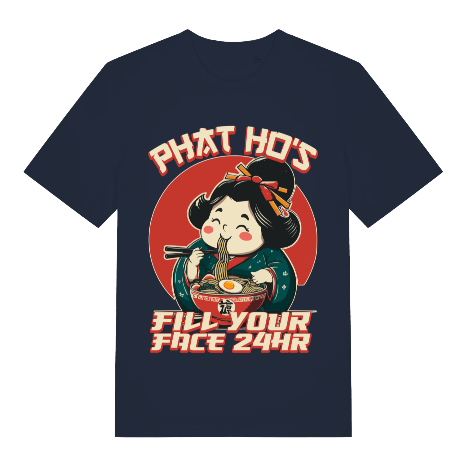 Navy Phat Ho’s Fill Your Face funny graphic t-shirt showing bold fill your face lettering  