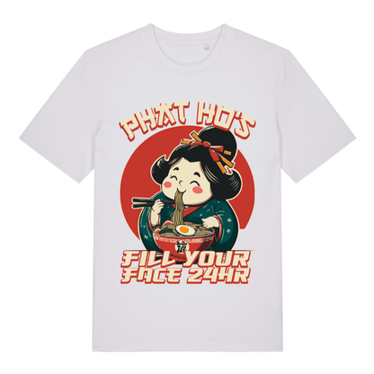 White Phat Ho’s Fill Your Face funny graphic t-shirt with vibrant ramen girl graphic  