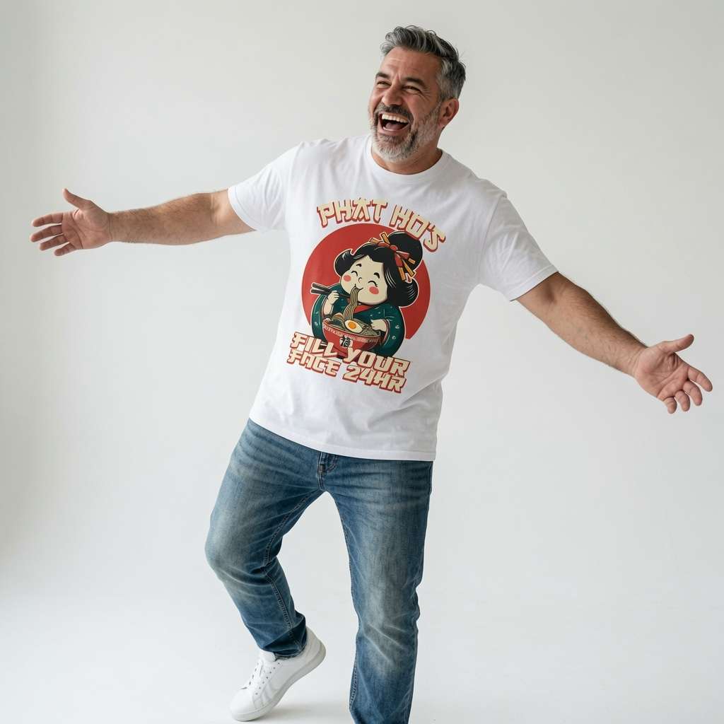 Man laughing with arms outstretched in a white Phat Ho’s Fill Your Face 24HR t-shirt, cheeky Chinese food takeaway pun that every late-night eater will claim