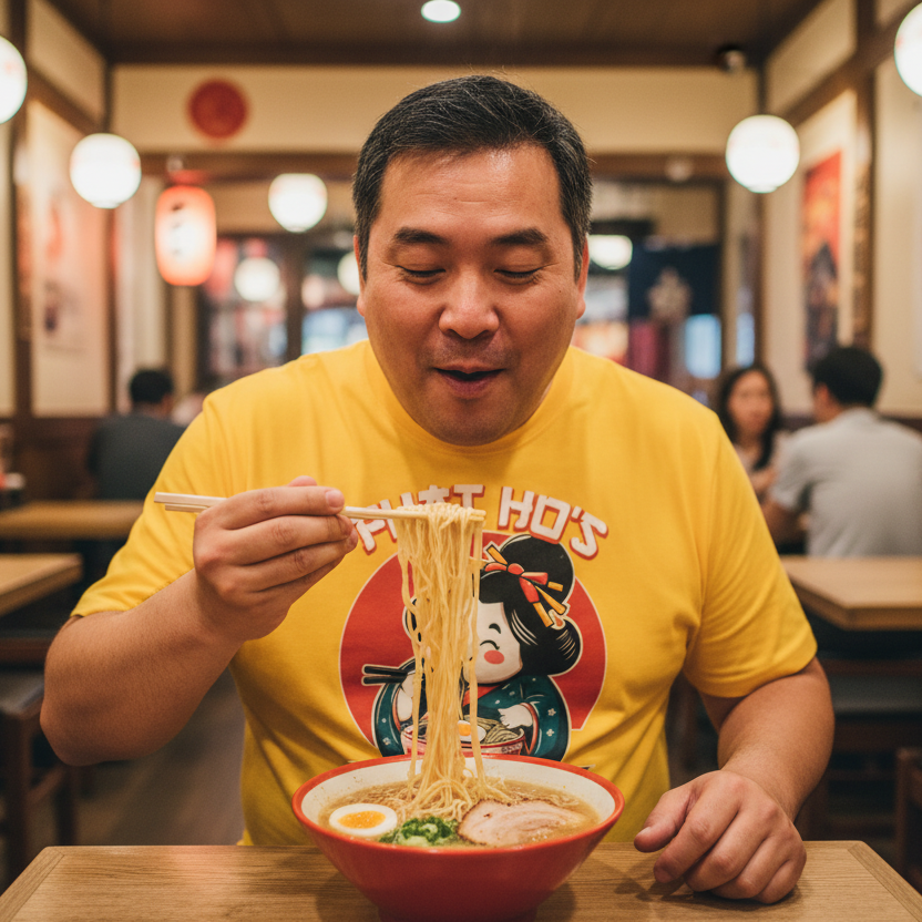 Man in a yellow t-shirt eating ramen in a restaurant