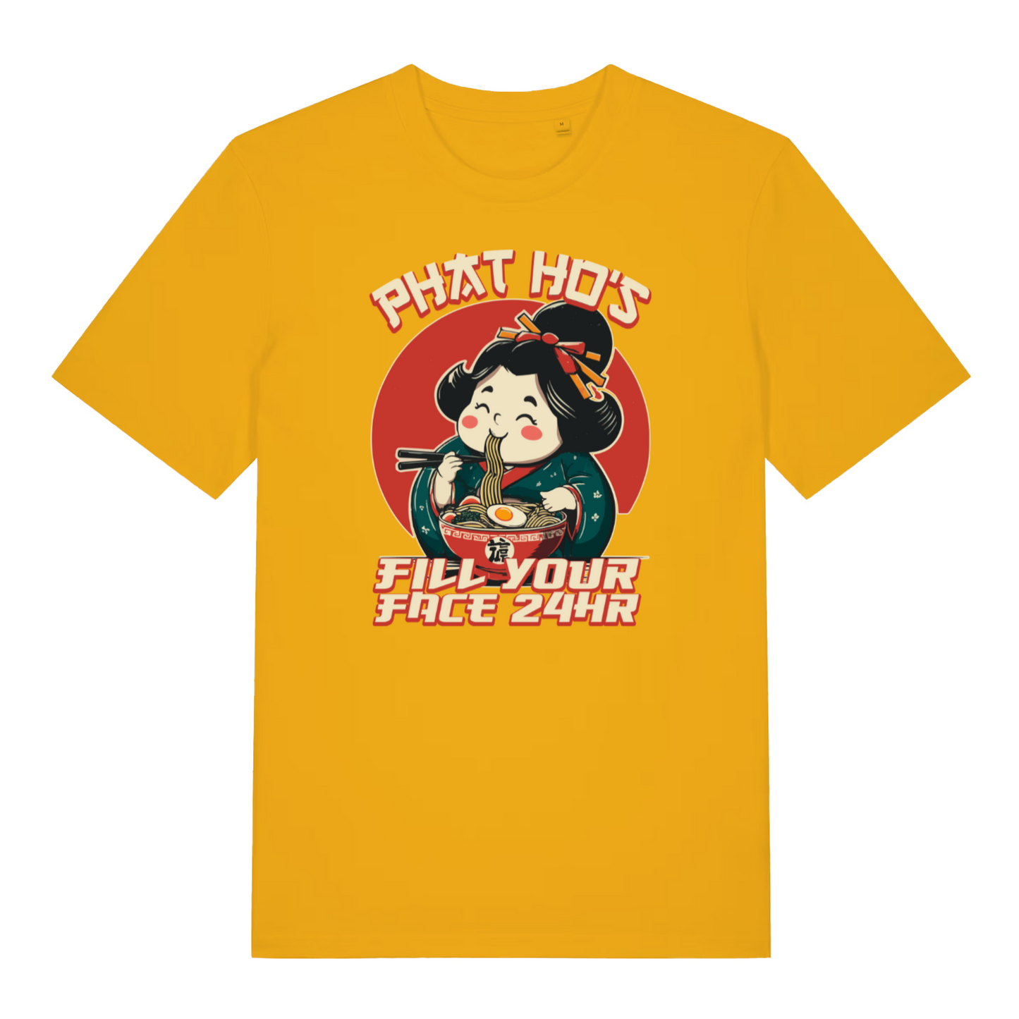 yellow funny offensive t-shirt with the graphic of a cartoon character eating ramen and the slogan 'phat ho's fill your face 24 hr'