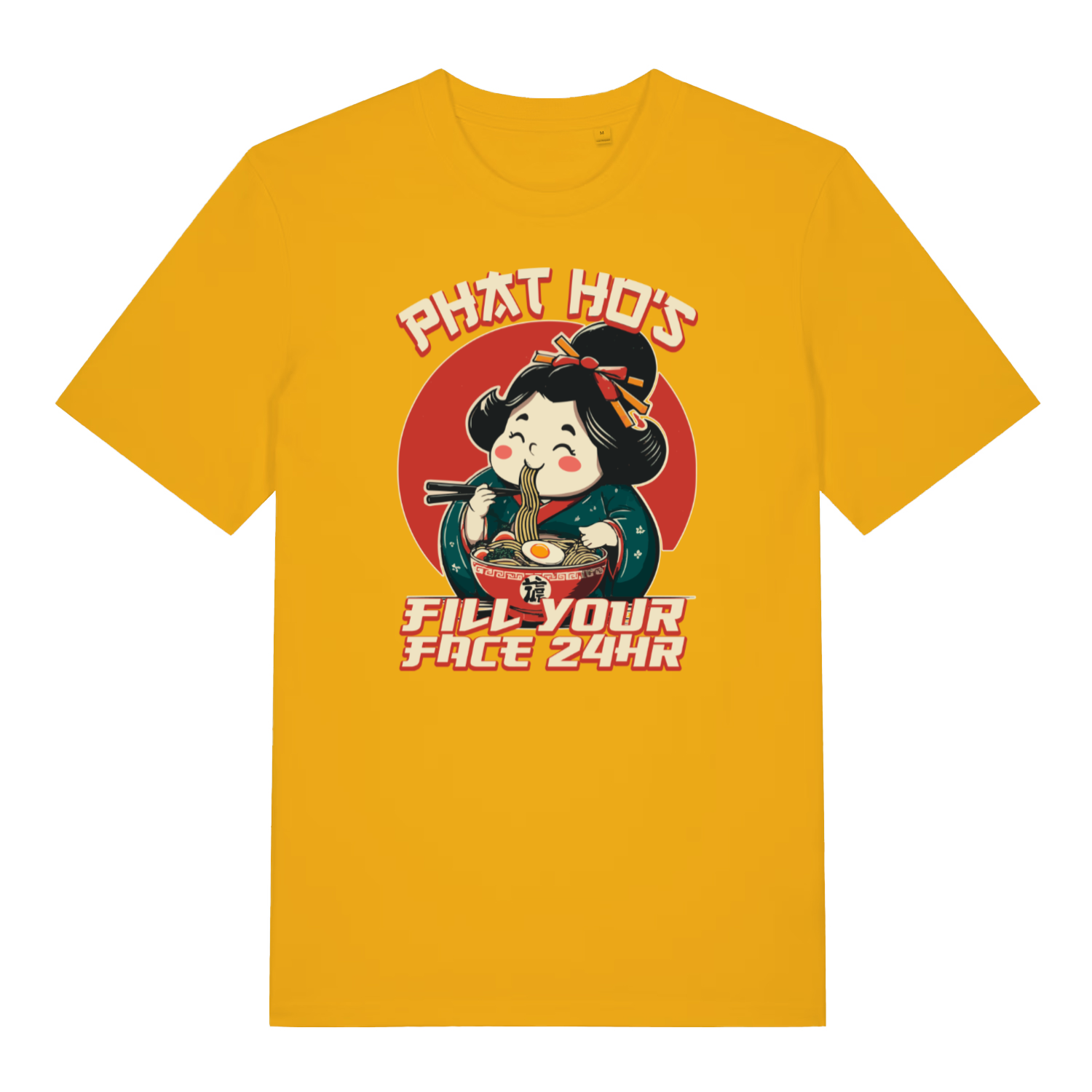 yellow funny offensive t-shirt with the graphic of a cartoon character eating ramen and the slogan 'phat ho's fill your face 24 hr'