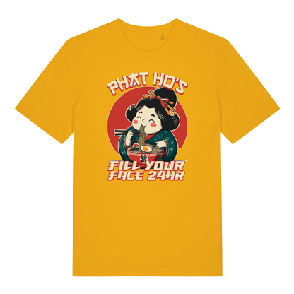yellow funny offensive t-shirt with the graphic of a cartoon character eating ramen and the slogan 'phat ho's fill your face 24 hr'