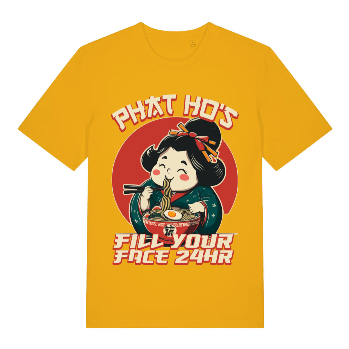 Yellow Phat Ho’s Fill Your Face funny graphic t-shirt featuring ultimate cheeky food design  