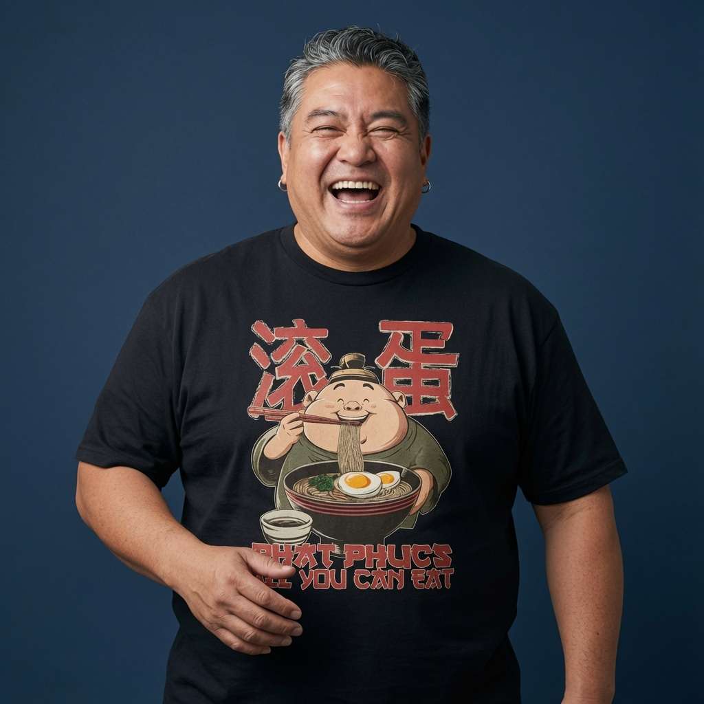 Man laughing while wearing a black Phat Phucs All You Can Eat t-shirt, humorous Chinese lettering takeaway pun graphic full of pure attitude