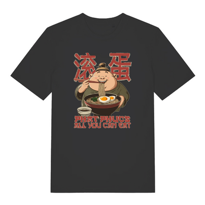 black funny offensive t-shirt with the graphic of a man eating noodles and the slogan 'phat phucs all you can eat'