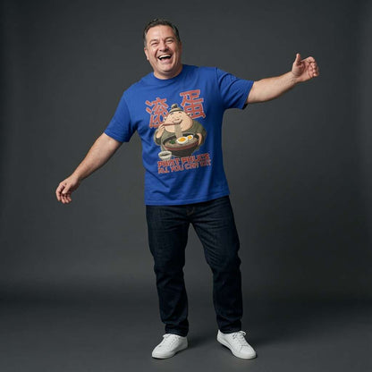 Man laughing with arms outstretched in a blue Phat Phucs All You Can Eat t-shirt, funny and offensive mens Chinese takeaway graphic that every food lover will claim