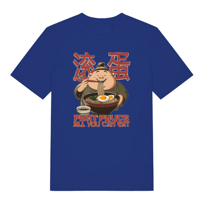 blue funny offensive t-shirt with the graphic of a man eating noodles and the slogan 'phat phucs all you can eat'