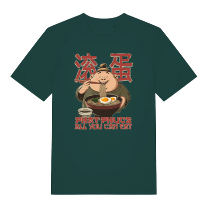 green funny offensive t-shirt with the graphic of a man eating noodles and the slogan 'phat phucs all you can eat'